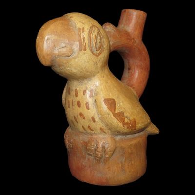 7 1/2" Pre-Columbian-Style Moche Parrot / Bird Effigy Stirrup Bottle, Peru