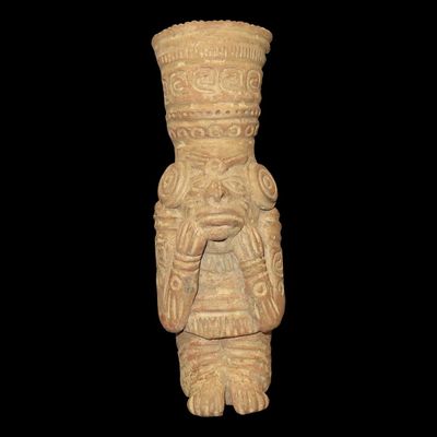8" Pre-Columbian-Style Aztec Human Effigy Pottery Vessel, Mexico, Heavily Decorated Warrior or Chief Design