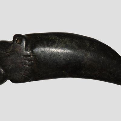 4 3/8" Pre-Columbian Jaguar Effigy Pendant, Stone, Guatemala, Shaped Like a Jaguar Tooth with a Jaguar Head at Top