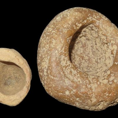 Sale Photo Thumbnail #380: Pair of Stone Paint Pots / Miniature Stone Bowls, St. Charles Co., Missouri, Found by Ronald Knowles