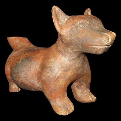 Sale Photo Thumbnail #113: 12" Pre-Columbian-Style Colima Dog Effigy Bottle, Mexico, Restoration to Back Legs and Spout