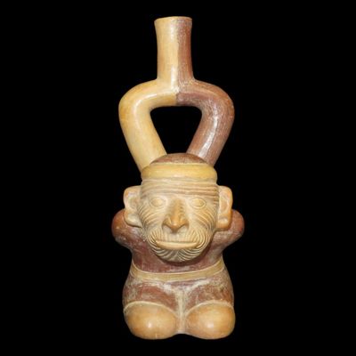 Sale Photo Thumbnail #143: 11 1/4" Pre-Columbian-Style Moche Bound Captive Human Effigy Stirrup Bottle, Highly Detailed Example Depicting a Prisoner with Hands Tied Behind the Back