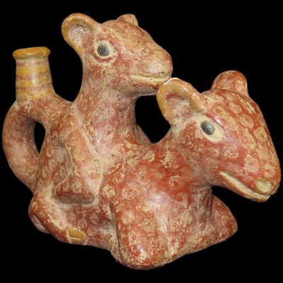 Sale Photo Thumbnail #137: 9 3/4" Pre-Columbian-Style Moche Dual Llama Effigy Stirrup Bottle, Peru