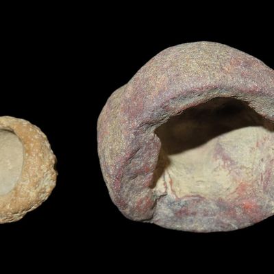 Sale Photo Thumbnail #365: Pair of Stone Paint Pots / Miniature Stone Bowls, St. Charles Co., Missouri, Found by Ronald Knowles