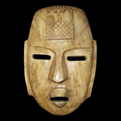Sale Photo Thumbnail #600: 9 1/2" Pre-Columbian-Style Mayan Human Effigy Stone Mask, Jadeite / Serpentine, Mexico