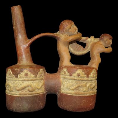 Sale Photo Thumbnail #161: 8 1/4" Tall x 9" Long Pre-Columbian-Style Moche Human and Monkey Effigy Stirrup Bottle, Peru