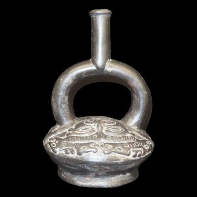 8 1/4" Moche-Style Human & Serpent Effigy Stirrup Bottle, Peru