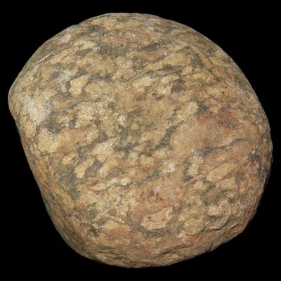 Sale Photo Thumbnail #336: Colorful Pitted Nutting Stone / Hammerstone, St. Charles Co., Missouri, Found by Ronald Knowles, Nice Finger Grips in Center on Both Sides