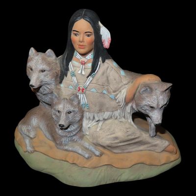 Sale Photo Thumbnail #653: 8" x 7" Vintage Native American-Themed Woman & Wolf Pack Decorative Piece
