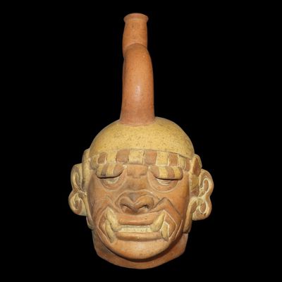 Sale Photo Thumbnail #173: 10" Pre-Columbian-Style Moche Human / Jaguar Transformation Effigy Stirrup Bottle, Peru
