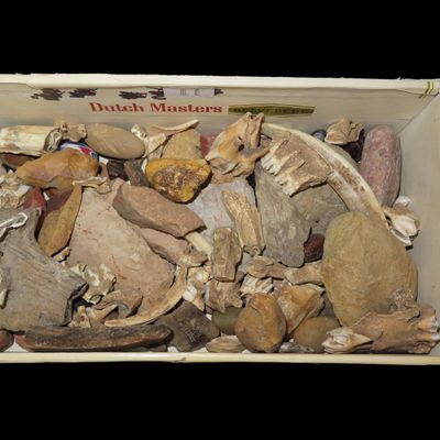 Sale Photo Thumbnail #658: Old Cigar Box Full of Site Material, Beads, Paint Pot, Fossils, Artifacts, etc., St. Louis Area, All Found by Ron Knowles