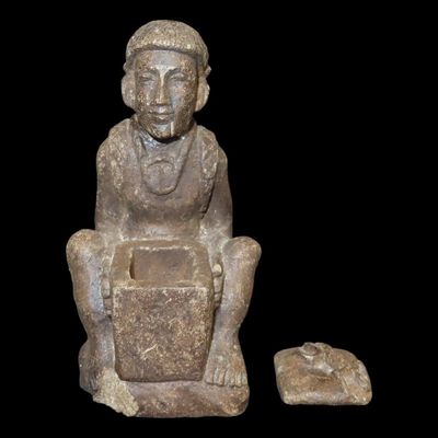 Sale Photo Thumbnail #183: 5 3/4" Hand-Carved Stone Human Effigy Statue Holding a Box with Removable Lid, Mexico, Great Detail