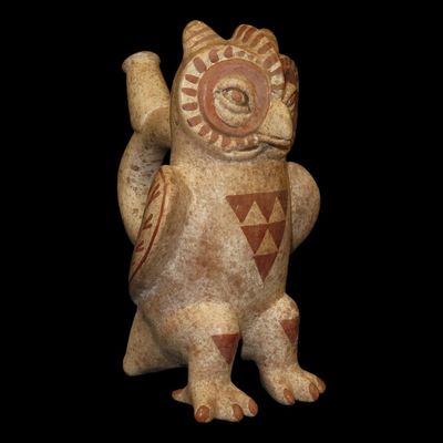 Sale Photo Thumbnail #125: 7 3/4" Pre-Columbian-Style Moche Owl Effigy Stirrup Bottle, Peru