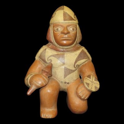 8 1/2" Pre-Columbian-Style Moche Human Warrior Effigy Stirrup Bottle, Peru