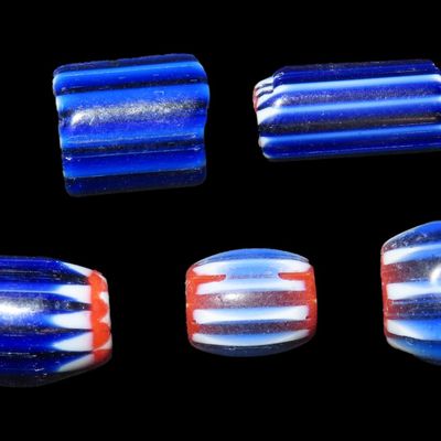 Sale Photo Thumbnail #240: Lot of 5 Colorful Multi-Layer Chevron Trade Beads, Red, White & Blue