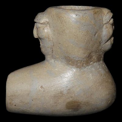 2 1/2" Human Effigy Elbow Pipe, Motley COA, Pipestone, Scioto Co., Ohio, Human Face Carved in Relief on Two Sides of the Bowl