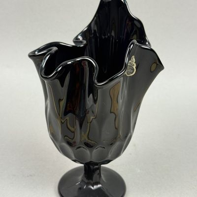 Sale Photo Thumbnail #248: Fenton Black Glass Ruffled Thumbprint Vase