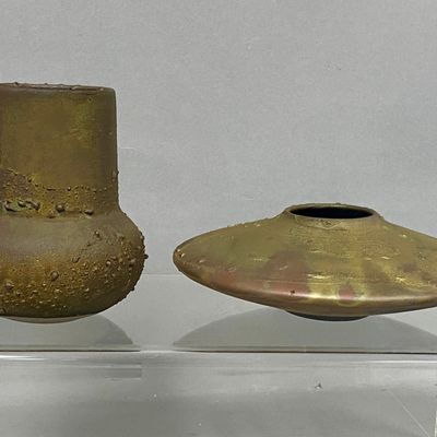 Sale Photo Thumbnail #176: Two Baum Metallic Luster Stoneware Vessels