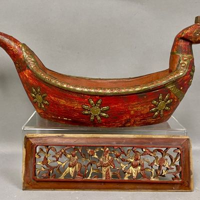 Sale Photo Thumbnail #390: Polychrome Hardwood Bird Vessel and Carved Panel