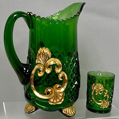 Sale Photo Thumbnail #177: Emerald Glass Gilded Shell Pitcher and Tumbler