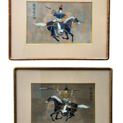 Sale Photo Thumbnail #211: Pair of Asian Equestrian Warrior Gouache Paintings on Silk