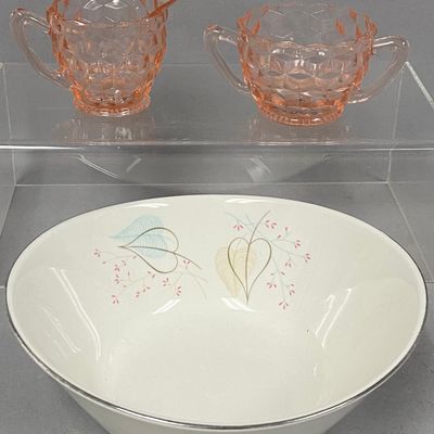 Sale Photo Thumbnail #431: Homer Laughlin Woodland Ceramic Bowl and Pink Glass Set