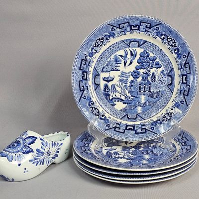 Sale Photo Thumbnail #94: Ridgway Blue Willow Plates and Delft Clog