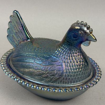 Sale Photo Thumbnail #255: Imperial Glass Iridescent Blue Hen On Nest