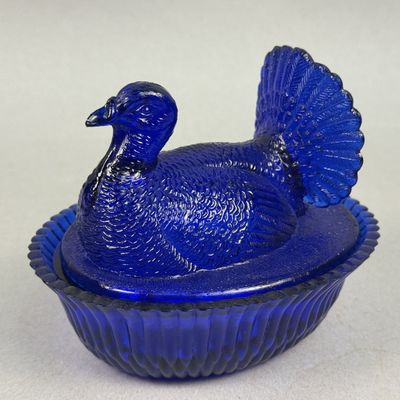 Sale Photo Thumbnail #260: Cobalt Blue Pressed Glass Turkey on Nest Covered Dish