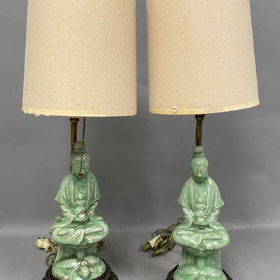 Sale Photo Thumbnail #441: Celadon Crackle Glaze Guanyin Table Lamps