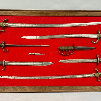 Sale Photo Thumbnail #426: Framed Assortment of European and US Edged Weapons