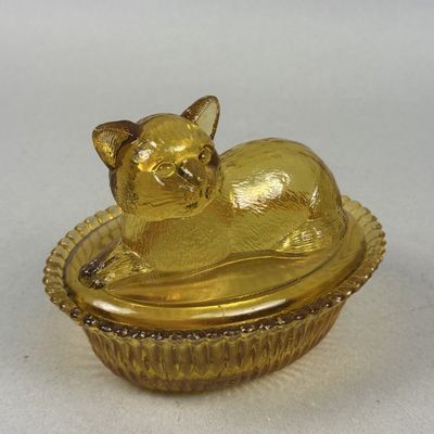 Sale Photo Thumbnail #254: Amber Pressed Glass Nesting Cat Trinket Dish