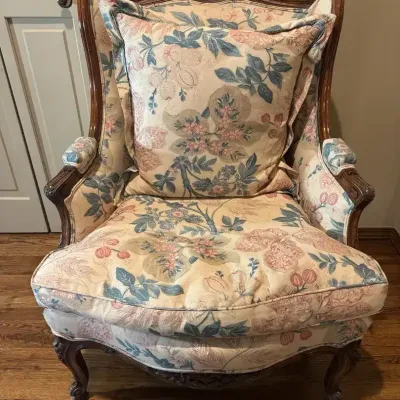 Vintage French Provincial Floral Wingback Armchair with Carved Wood Frame – 38”H × 26”W × 24”
