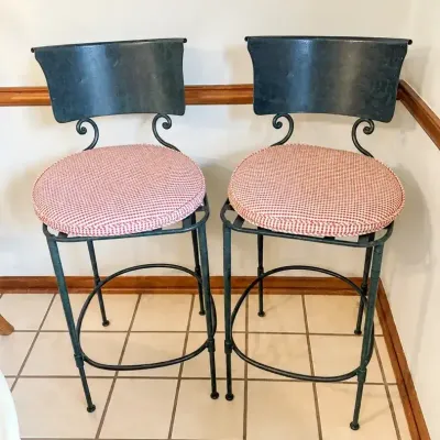 Set of 2 Wrought Iron Metal Bar Stools with Cushioned Seats & Scrollwork Backs