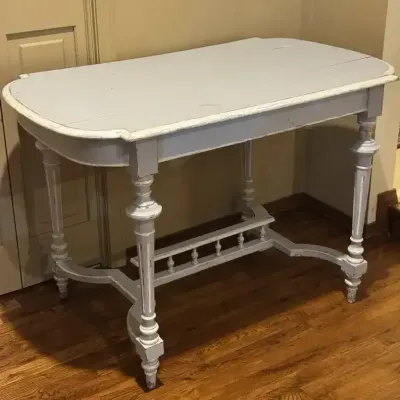 Vintage Painted Wood Table with Turned Legs & Decorative Stretcher – Distressed Finish L 44” W 26” H