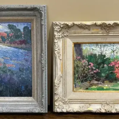 Set of 2 Framed Oil Paintings – Leonard Wren & Unknown Artist – Landscape & Floral20x 17 And 20 X 16
