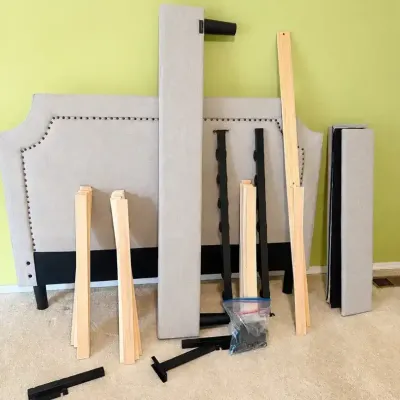 Upholstered Bed Frame with Nailhead Trim Headboard & Side Rails – Disassembled 63”x 45”x80”