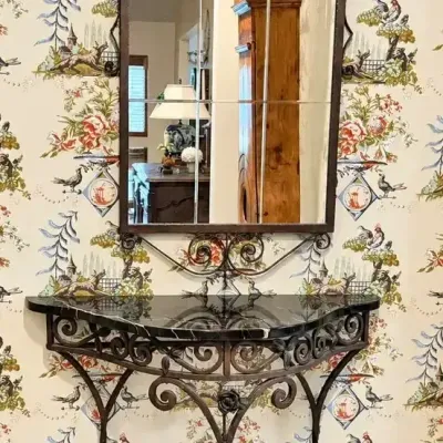  Ornate Wrought Iron Console / Entryway Table with Marble Top & Matching Wall Mirror