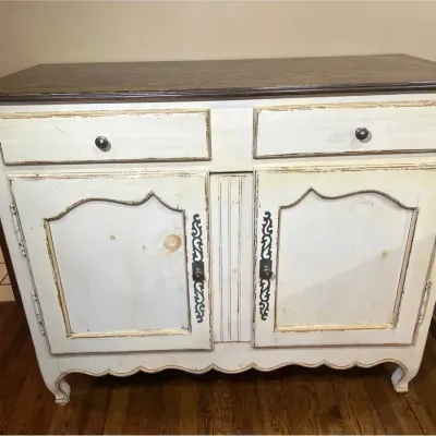 French Country Buffet / Sideboard / Credenza / Distressed White Storage Cabinet with Dark Wood Top