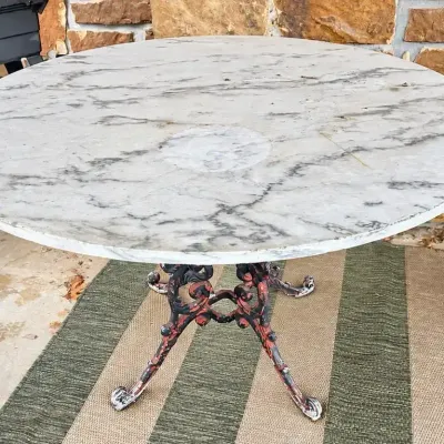 Vintage Oval Marble Top Table with Ornate Cast Iron Base Very Heavy!