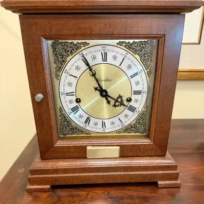 Versailles Wood Mantel Clock with Roman Numeral Dial & Ornate Brass-Tone Accents