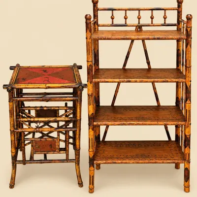 Vintage Bamboo 4-Tier Display Shelf & Folding Accent Table – 2 Piece Lot * Display Shelf: 50”H x 23”