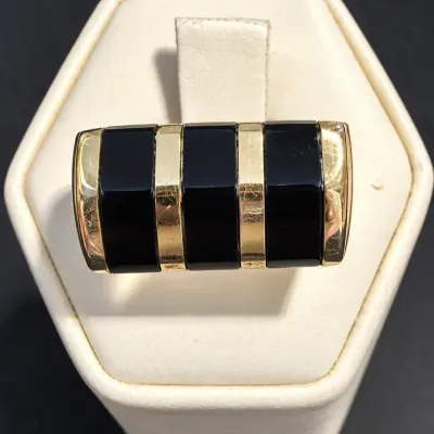 Vintage Stamped 14K Gold Black Onyx Inlay Geometric Statement Ring – ABL Size 6.5