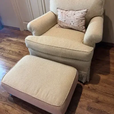 Vintage Beige Houndstooth Upholstered Armchair & Matching Ottoman – 2 Piece Set – Chair 32”H × 35”W 