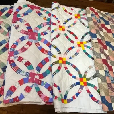 4 Handmade Patchwork Quilts – Double Wedding Ring style & Multicolor Geometric Patterns