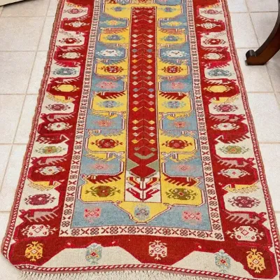 Vintage Turkish / Anatolian Style Geometric Area Rug with Fringe – Red, Blue & Yellow 80”x 44”