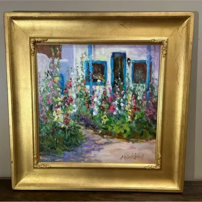Mary Dolph Wood Original Oil Painting "Hollyhock House"– Framed Floral Garden Art– 16”×16” with COA