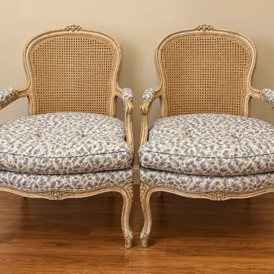 Pair of Vintage French Provincial Cane Back Armchairs – Floral Upholstery – 2 Piece Lot