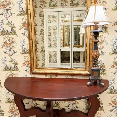 Vintage Demilune / Half-Moon Wood Console Table with Gold Framed Wall Mirror & Table Lamp 54”x30”x29