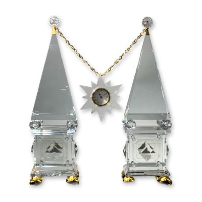 Baccarat Cut Crystal Rendez-vous Obelisk Mantel Clock Set